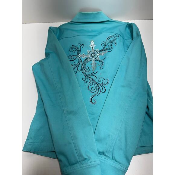 Christine Alexander Jacket Blazer Women’s M Teal Rhinestone Embellished Bling - Picture 12 of 12